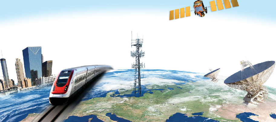 Communication systems montage: train, cell tower, satellite, and dish antenna over a globe
