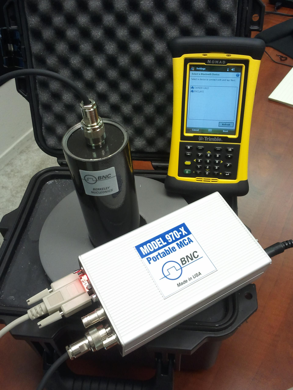 Model 971 Food-SSAFE kit: NaI detector probe, TDS Nomad handheld, and Model 970-X Portable MCA in a hard case