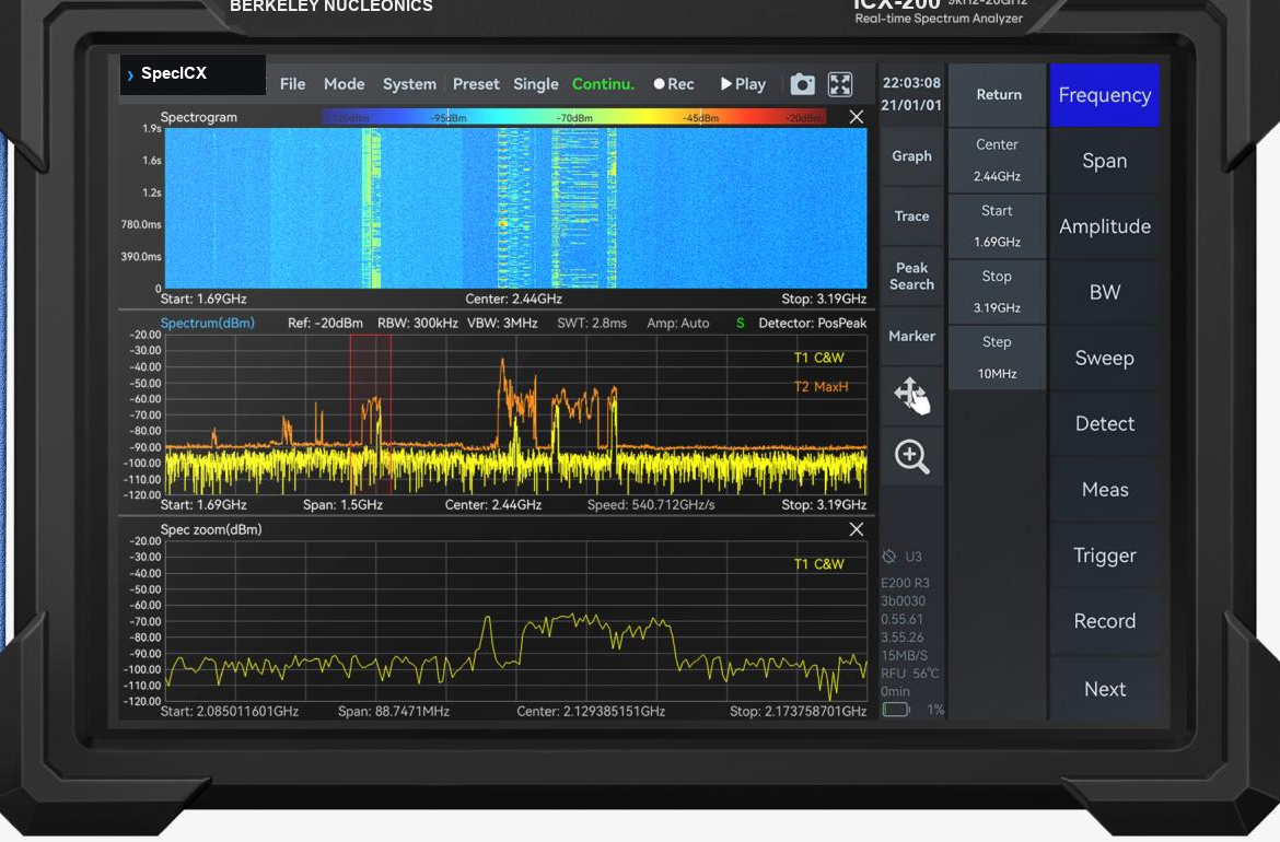 Berkeley Nucleonics ICX-FieldHawk handheld real-time spectrum analyzer, front view