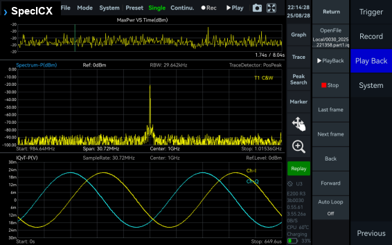 Data Record and Playback measurement screen on the ICX-FieldHawk