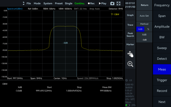 OBW measurement screen in Vector Signal Studio