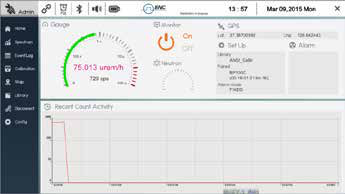 PeakGO Main Screen showing gamma dose rate gauge, neutron status, GPS, and recent count activity