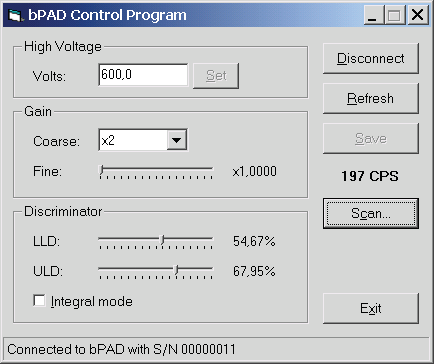 bPAD Control Program software window showing high voltage, gain, and discriminator settings