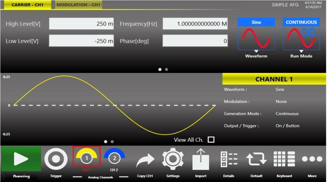 Sine waveform annotated with High level and Low level in the Simple AFG application.