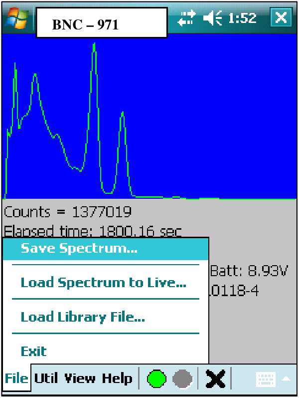 Spectrum Display tapped at a peak, showing a red marker line with the channel, energy in keV, and count readout.