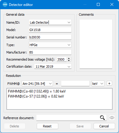 The bGamEff import dialog for setup, detector, and sample data.