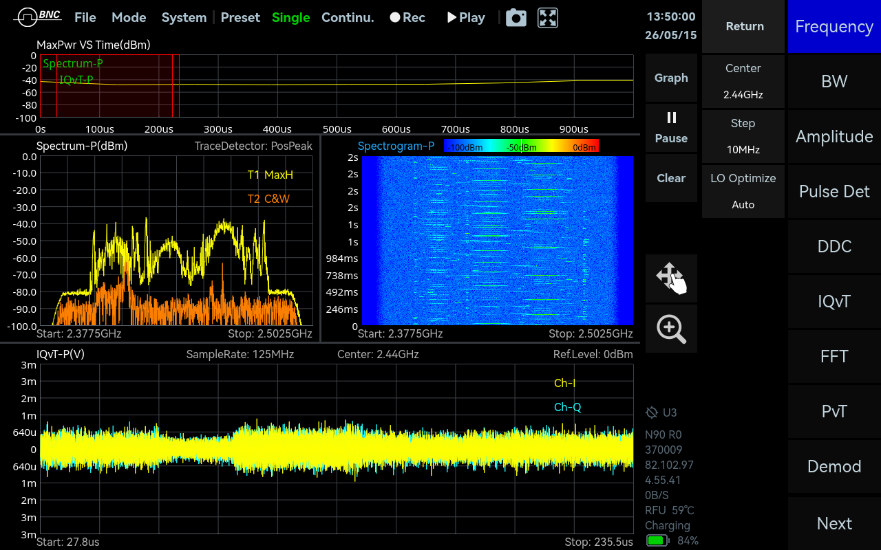 SpectraCore screenshot: IQ Streaming mode in SpectraCore.