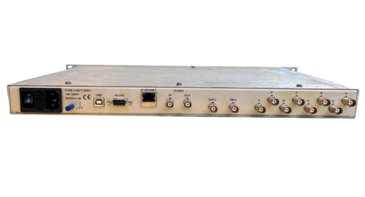 Model 588 1U rackmount pulse/delay generator, rear panel with USB, RS-232, and Ethernet control interfaces