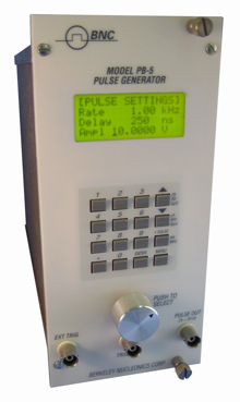 PB-5 front panel with the pulse settings menu shown on the LCD display