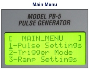 PB-5 LCD display showing the Main Menu: pulse settings, trigger mode, ramp settings