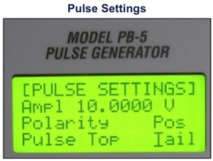 PB-5 LCD display showing the Pulse Settings menu: amplitude, polarity, pulse top