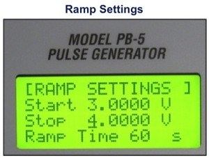 PB-5 LCD display showing the Ramp Settings menu: start, stop, ramp time