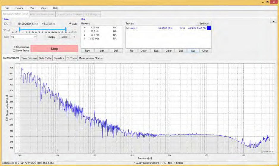 PNT GUI showing the DUT phase noise trace after the first correlation